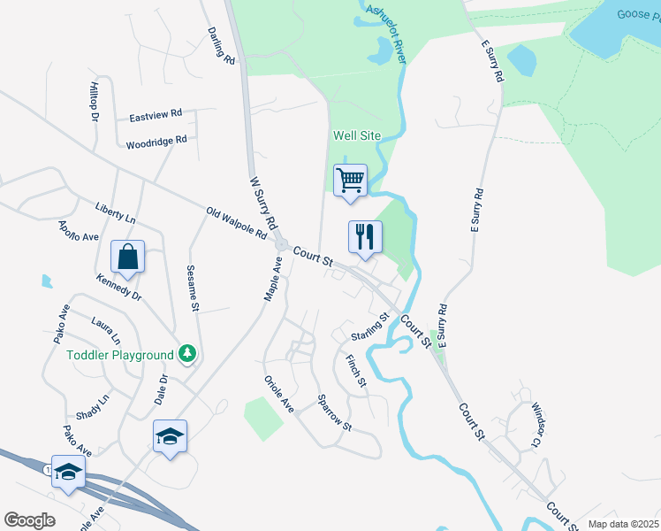 map of restaurants, bars, coffee shops, grocery stores, and more near 817 Court Street in Keene