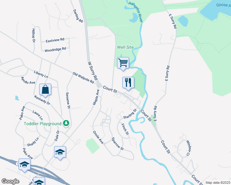 map of restaurants, bars, coffee shops, grocery stores, and more near 817 Court Street in Keene