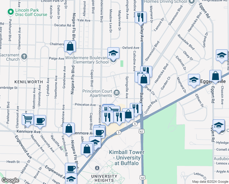 map of restaurants, bars, coffee shops, grocery stores, and more near 223 Princeton Avenue in Buffalo
