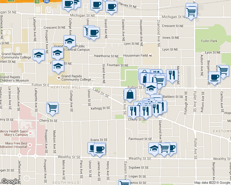 map of restaurants, bars, coffee shops, grocery stores, and more near 753 Fulton Street East in Grand Rapids