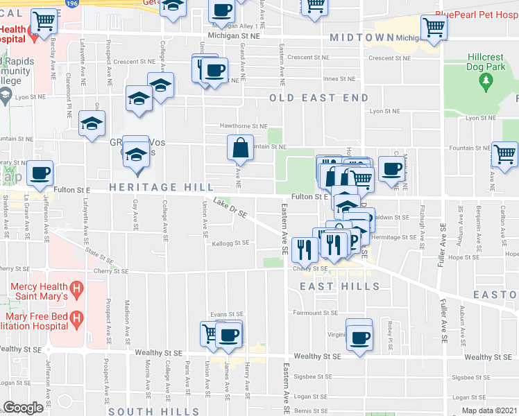 map of restaurants, bars, coffee shops, grocery stores, and more near 719 Fulton Street East in Grand Rapids