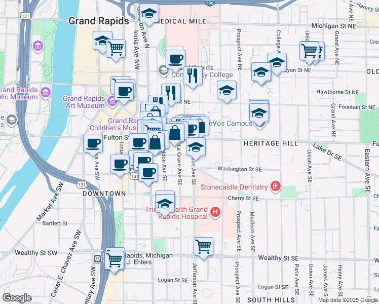 map of restaurants, bars, coffee shops, grocery stores, and more near 138 Fulton Street East in Grand Rapids