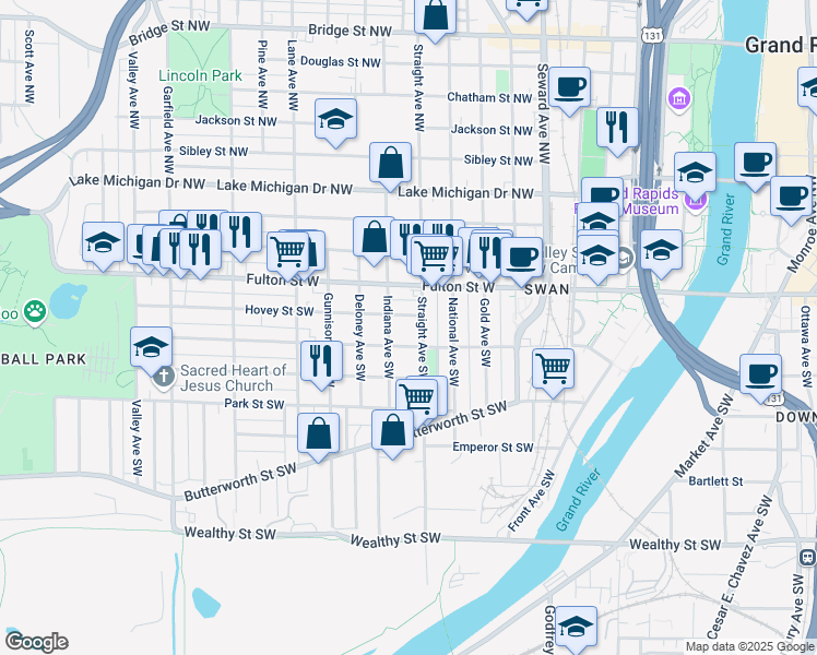 map of restaurants, bars, coffee shops, grocery stores, and more near 25 Straight Avenue Southwest in Grand Rapids