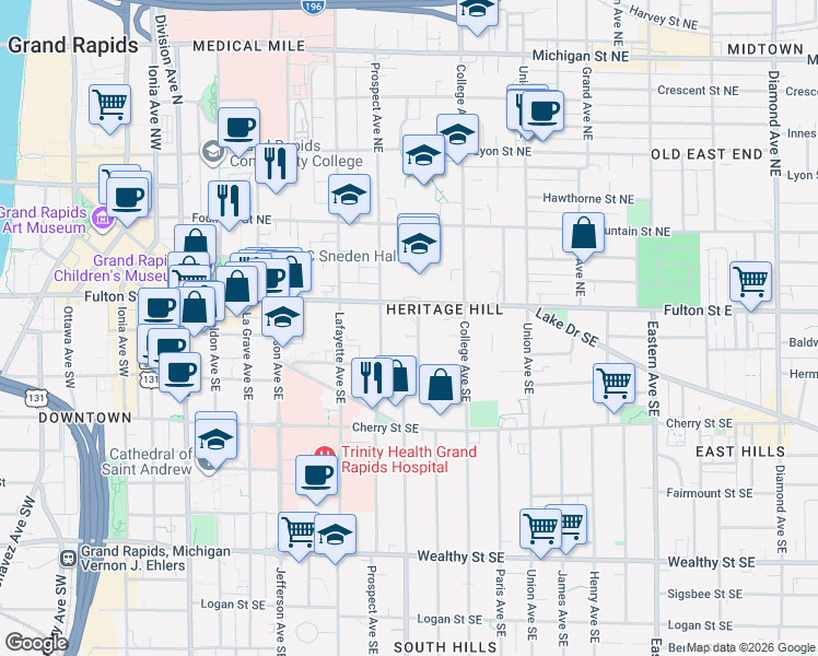 map of restaurants, bars, coffee shops, grocery stores, and more near 616 Fulton Street East in Grand Rapids