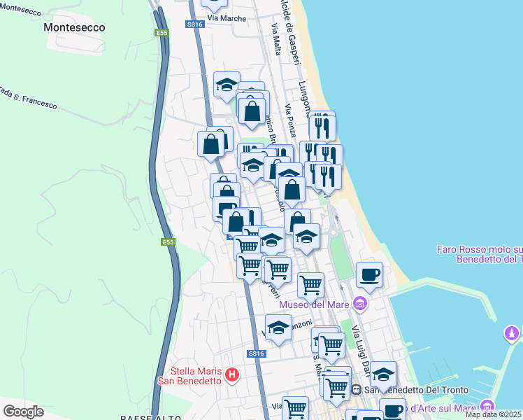 map of restaurants, bars, coffee shops, grocery stores, and more near 14 Via Giovanni Verga in Grottammare