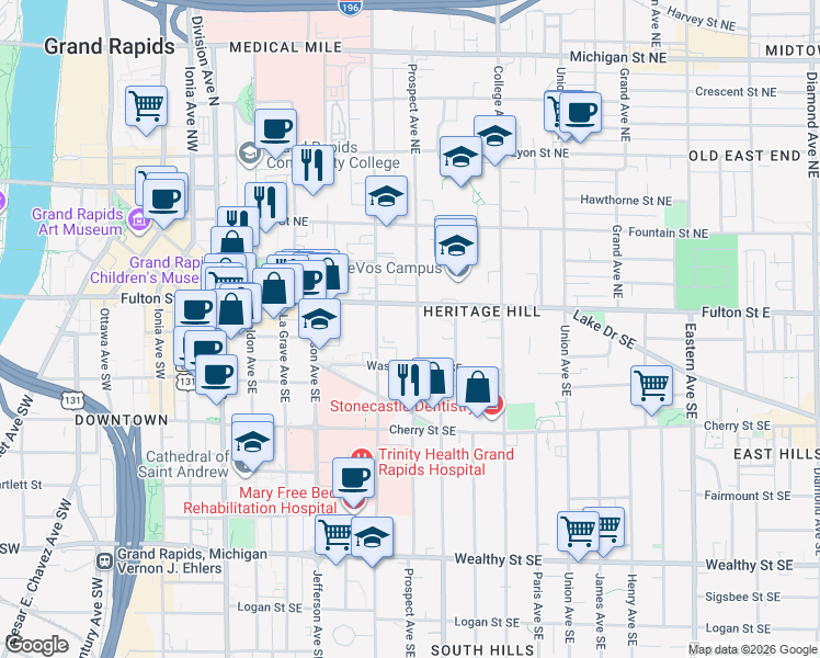map of restaurants, bars, coffee shops, grocery stores, and more near 21 Prospect Avenue Southeast in Grand Rapids