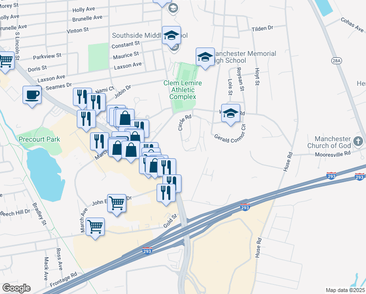 map of restaurants, bars, coffee shops, grocery stores, and more near 201 Circle Road in Manchester