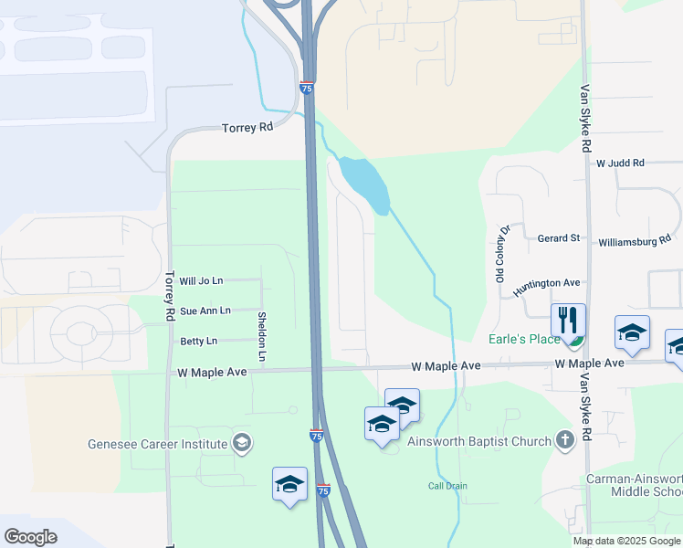 map of restaurants, bars, coffee shops, grocery stores, and more near 4465 Rainbow Lane in Flint