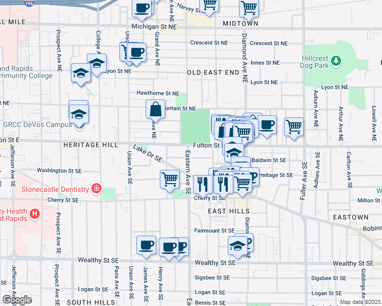 map of restaurants, bars, coffee shops, grocery stores, and more near 822 Fulton Street East in Grand Rapids