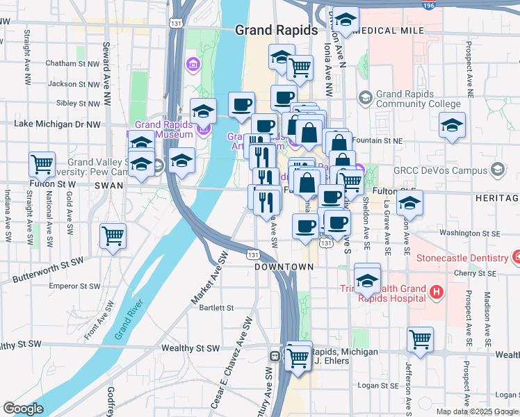 map of restaurants, bars, coffee shops, grocery stores, and more near 20 Monroe Avenue Northwest in Grand Rapids