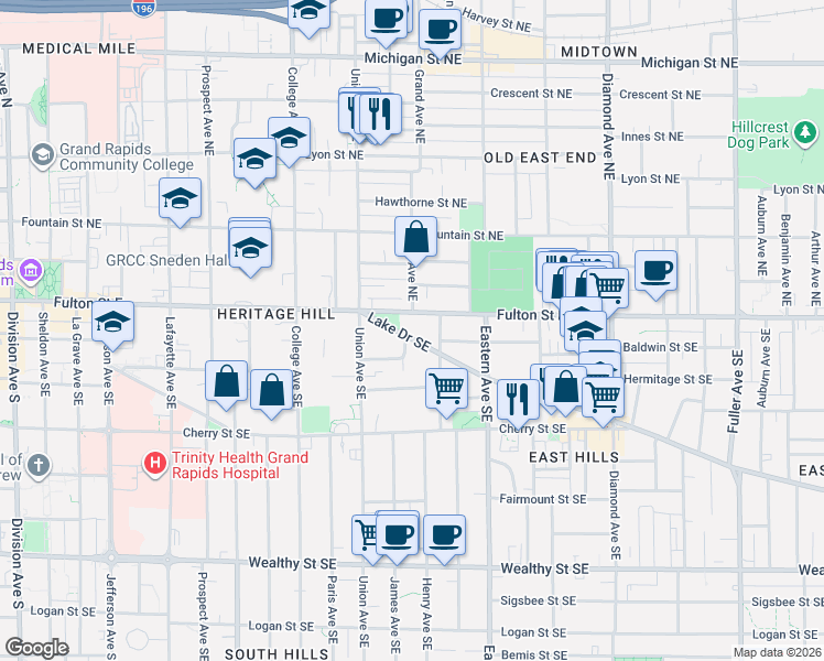 map of restaurants, bars, coffee shops, grocery stores, and more near 653 Lake Drive Southeast in Grand Rapids