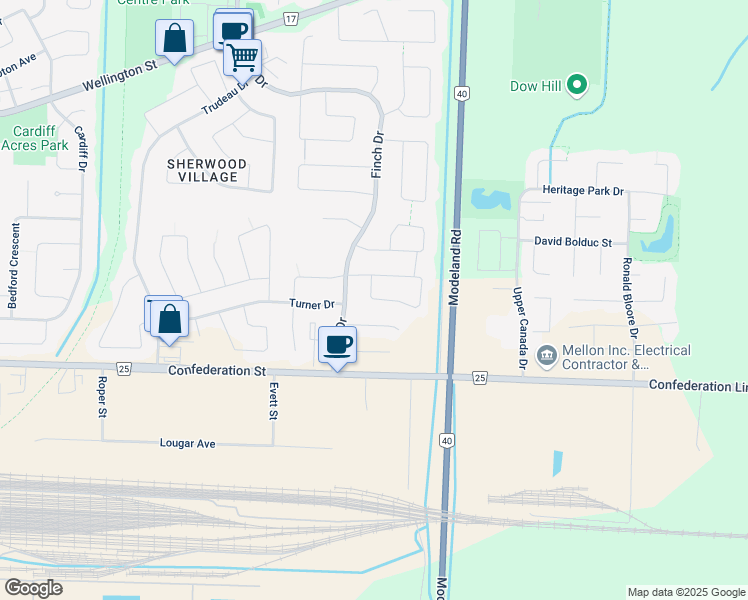 map of restaurants, bars, coffee shops, grocery stores, and more near Maplestone Avenue in Sarnia