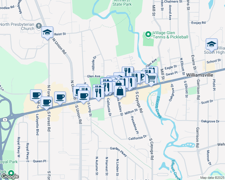 map of restaurants, bars, coffee shops, grocery stores, and more near 42 West Spring Street in Buffalo
