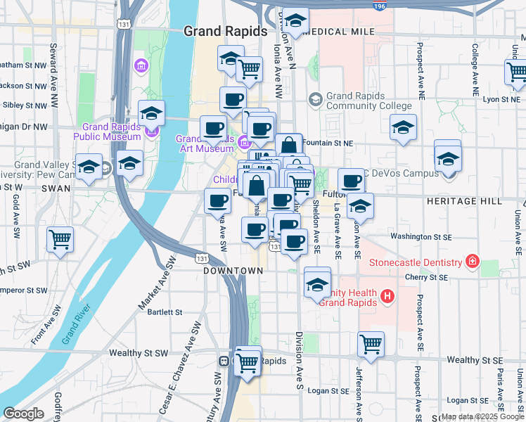 map of restaurants, bars, coffee shops, grocery stores, and more near 38 Fulton Street West in Grand Rapids