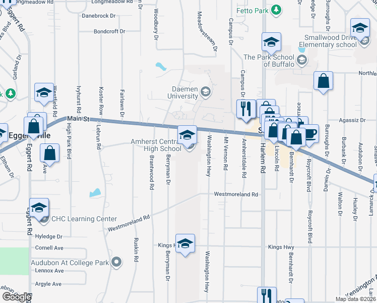 map of restaurants, bars, coffee shops, grocery stores, and more near 4301 Main Street in Amherst