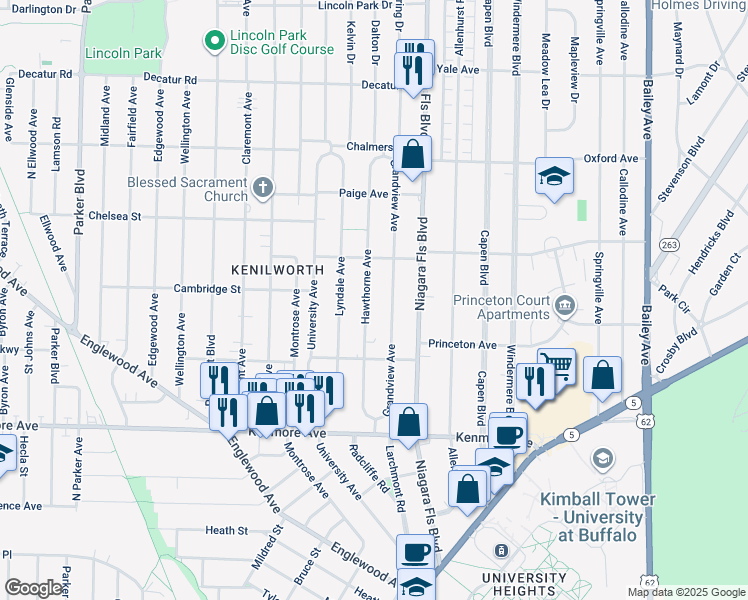 map of restaurants, bars, coffee shops, grocery stores, and more near 166 Grandview Avenue in Buffalo