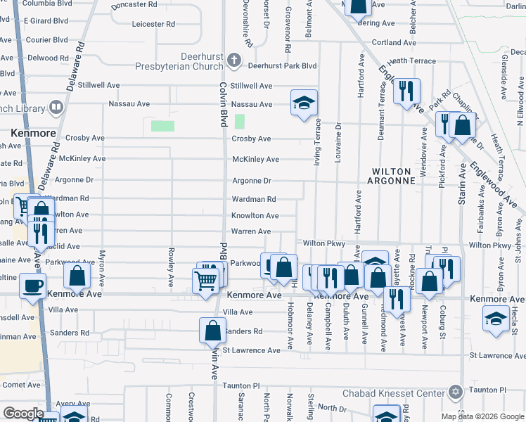 map of restaurants, bars, coffee shops, grocery stores, and more near 350 Wardman Road in Buffalo