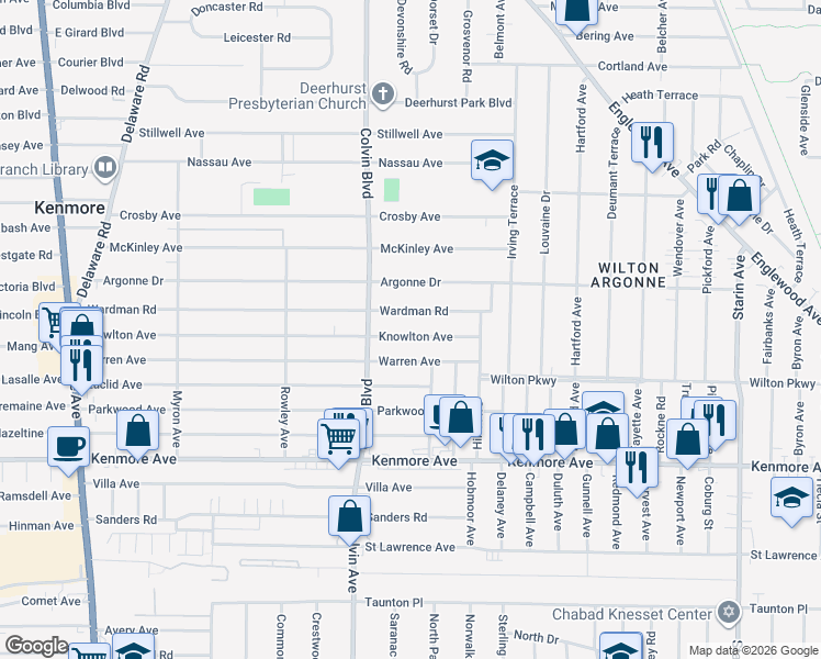 map of restaurants, bars, coffee shops, grocery stores, and more near 350 Wardman Road in Buffalo