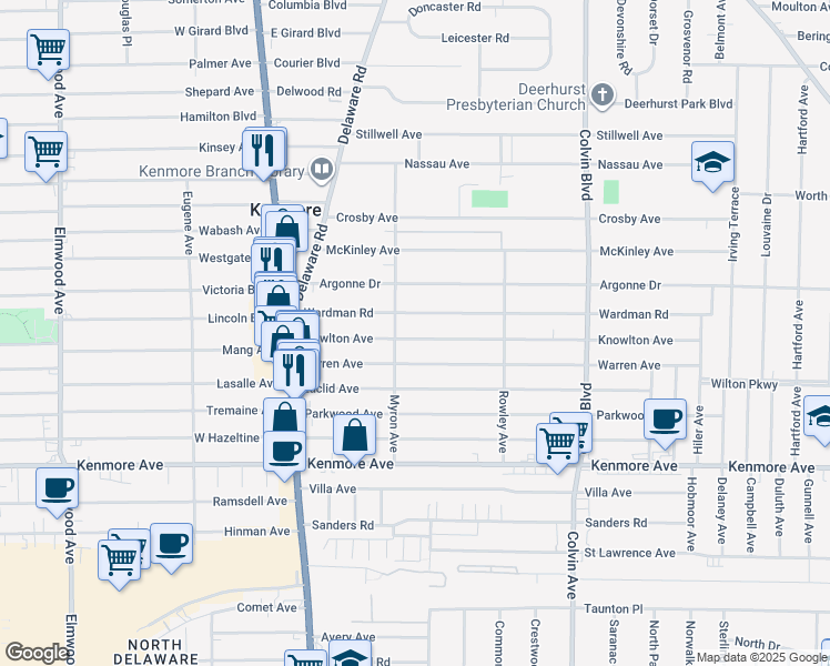 map of restaurants, bars, coffee shops, grocery stores, and more near 112 Wardman Road in Buffalo