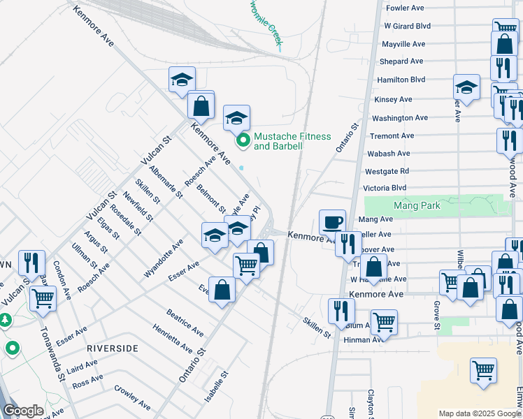 map of restaurants, bars, coffee shops, grocery stores, and more near 7 Kenmore Avenue in Buffalo