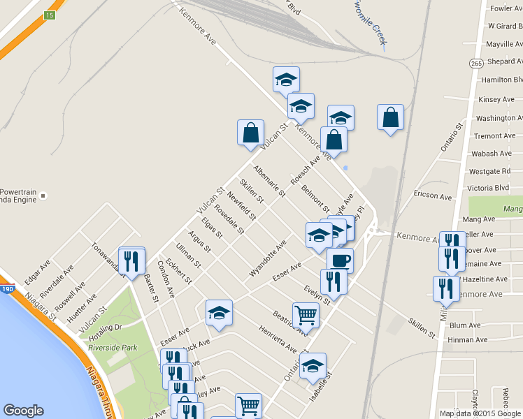 map of restaurants, bars, coffee shops, grocery stores, and more near 326 Roesch Avenue in Buffalo