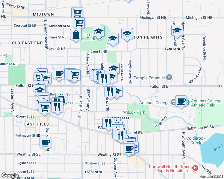 map of restaurants, bars, coffee shops, grocery stores, and more near 1435 Fulton Street East in Grand Rapids