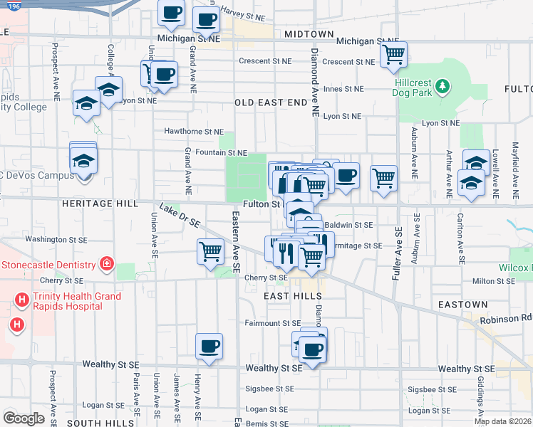 map of restaurants, bars, coffee shops, grocery stores, and more near 905 Fulton Street East in Grand Rapids