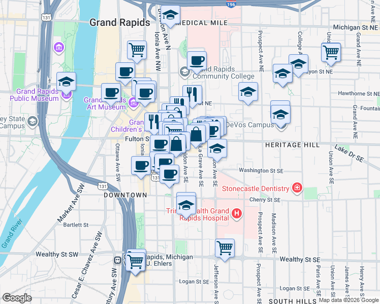 map of restaurants, bars, coffee shops, grocery stores, and more near 98 Fulton Street East in Grand Rapids