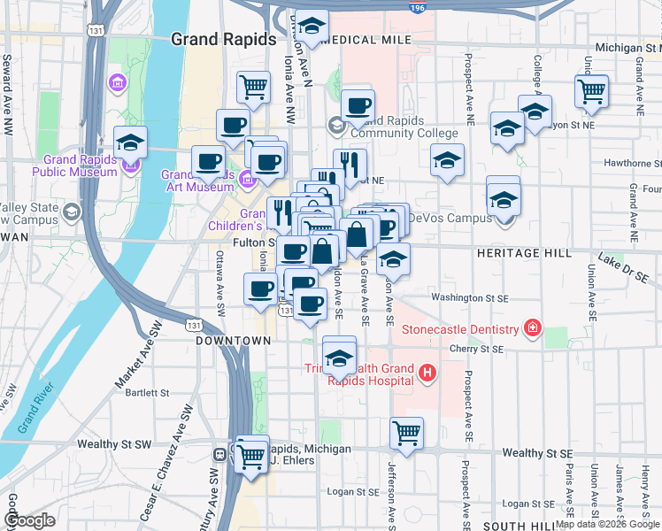 map of restaurants, bars, coffee shops, grocery stores, and more near 98 Fulton Street East in Grand Rapids