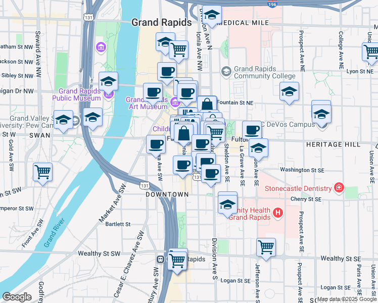 map of restaurants, bars, coffee shops, grocery stores, and more near 38 Fulton Street West in Grand Rapids