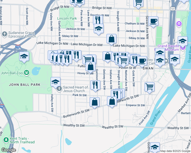 map of restaurants, bars, coffee shops, grocery stores, and more near 22 Lane Avenue Southwest in Grand Rapids