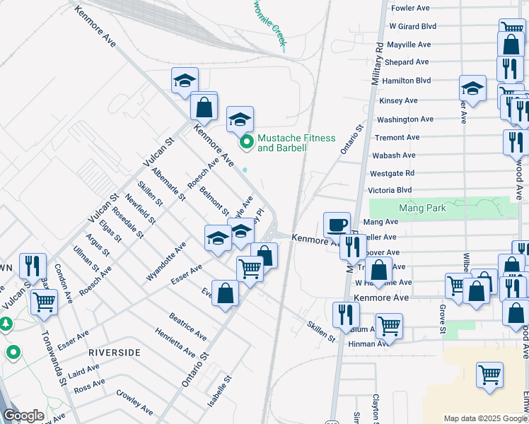 map of restaurants, bars, coffee shops, grocery stores, and more near 105 Wiley Place in Buffalo