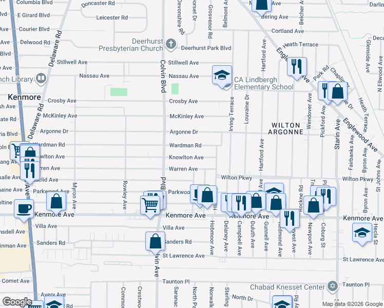 map of restaurants, bars, coffee shops, grocery stores, and more near 350 Wardman Road in Buffalo