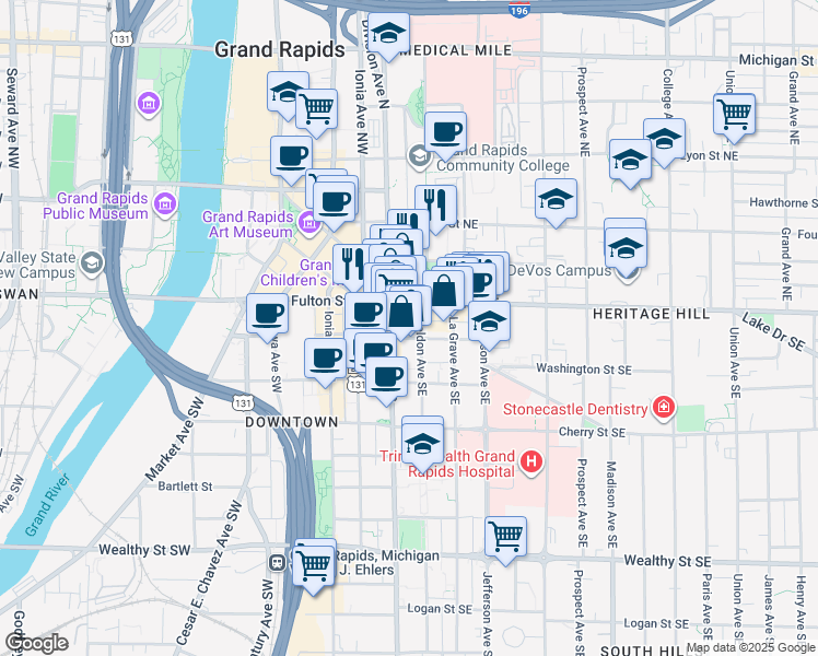 map of restaurants, bars, coffee shops, grocery stores, and more near 25 Sheldon Boulevard Southeast in Grand Rapids