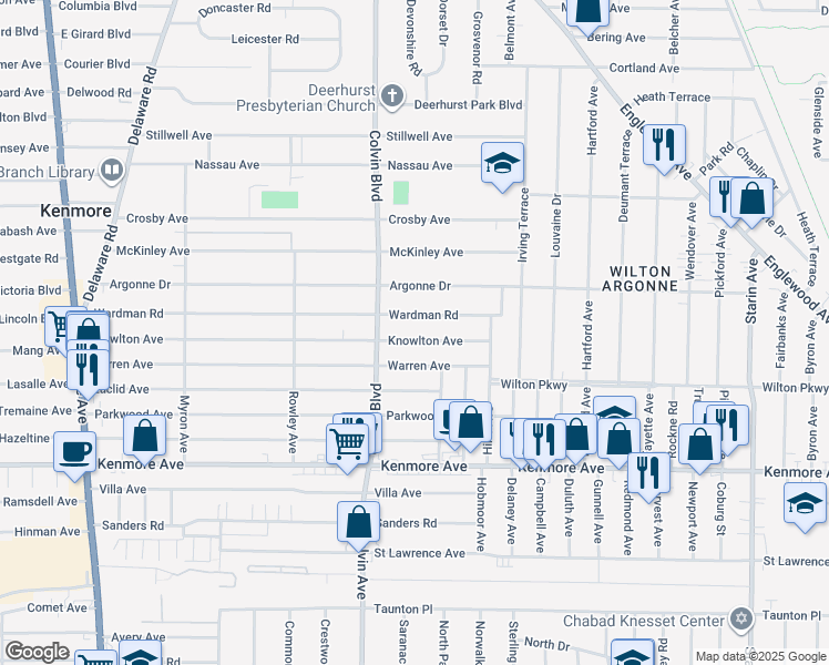 map of restaurants, bars, coffee shops, grocery stores, and more near 346 Knowlton Avenue in Buffalo