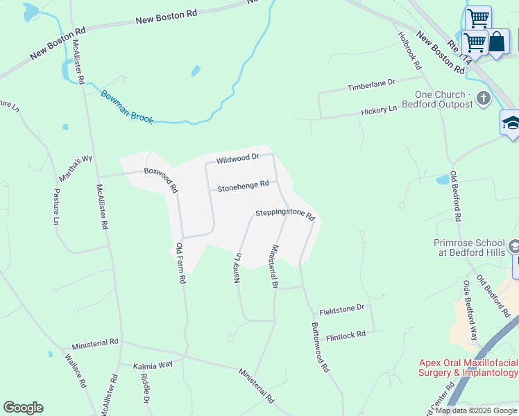 map of restaurants, bars, coffee shops, grocery stores, and more near 68 Ministerial Branch in Bedford