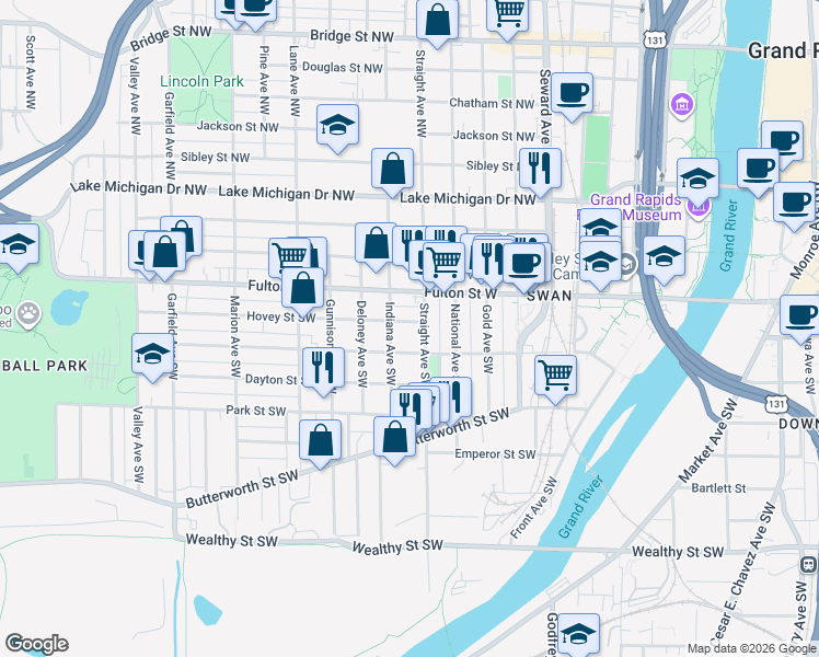 map of restaurants, bars, coffee shops, grocery stores, and more near 810 Hovey Street Southwest in Grand Rapids