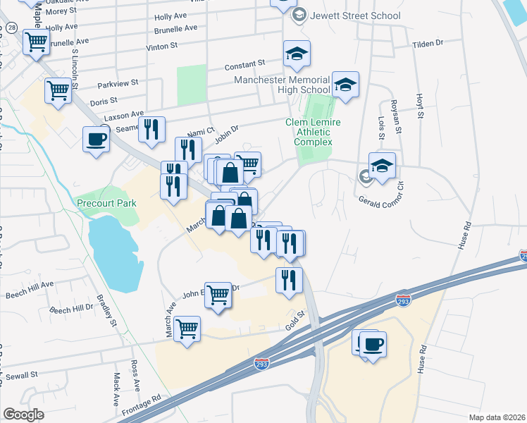map of restaurants, bars, coffee shops, grocery stores, and more near 99 Weston Road in Manchester