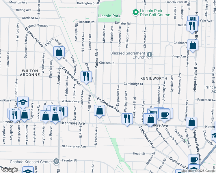 map of restaurants, bars, coffee shops, grocery stores, and more near 152 Fairfield Avenue in Buffalo