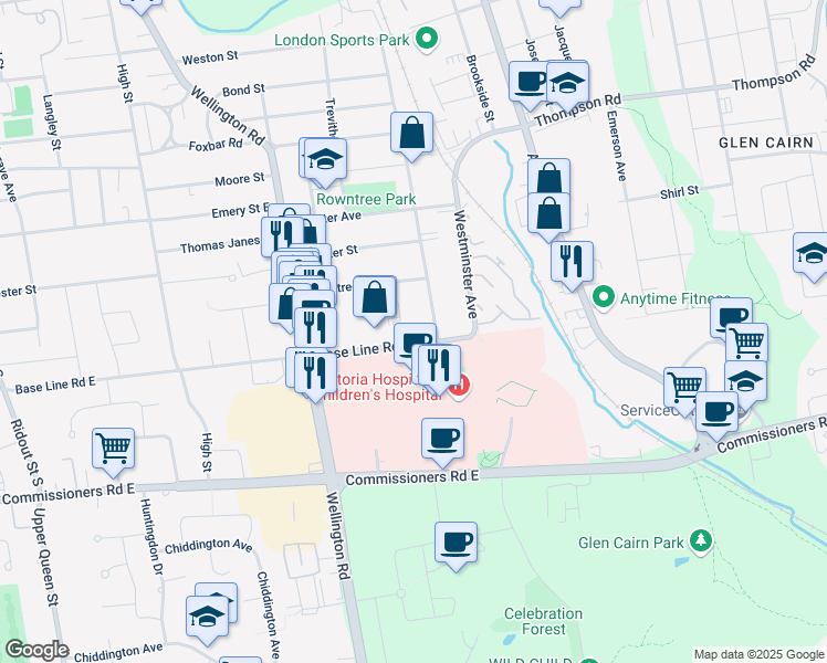 map of restaurants, bars, coffee shops, grocery stores, and more near 341 Fairview Avenue in London