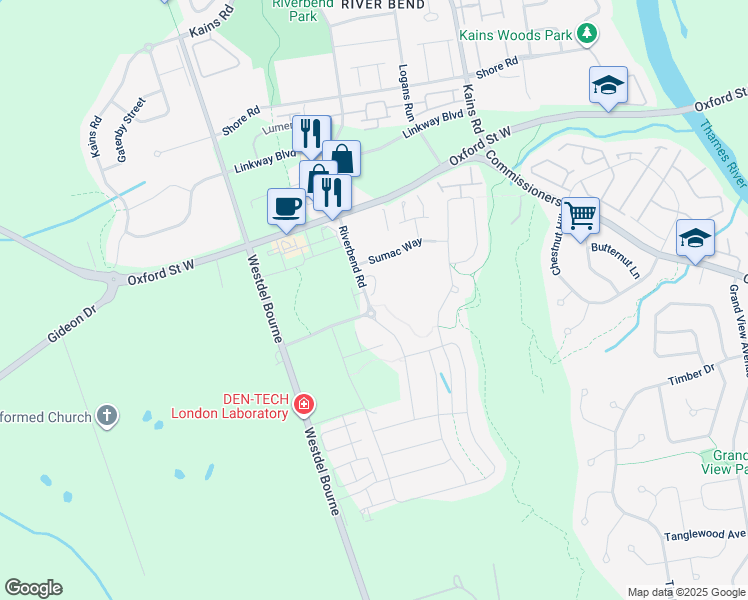 map of restaurants, bars, coffee shops, grocery stores, and more near 1170 Riverbend Road in London