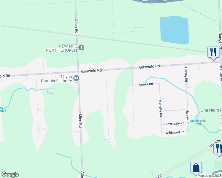 map of restaurants, bars, coffee shops, grocery stores, and more near 1952 Omar Road in Smiths Creek