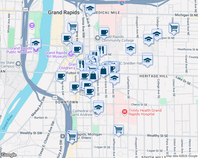 map of restaurants, bars, coffee shops, grocery stores, and more near 26 Sheldon Avenue Southeast in Grand Rapids
