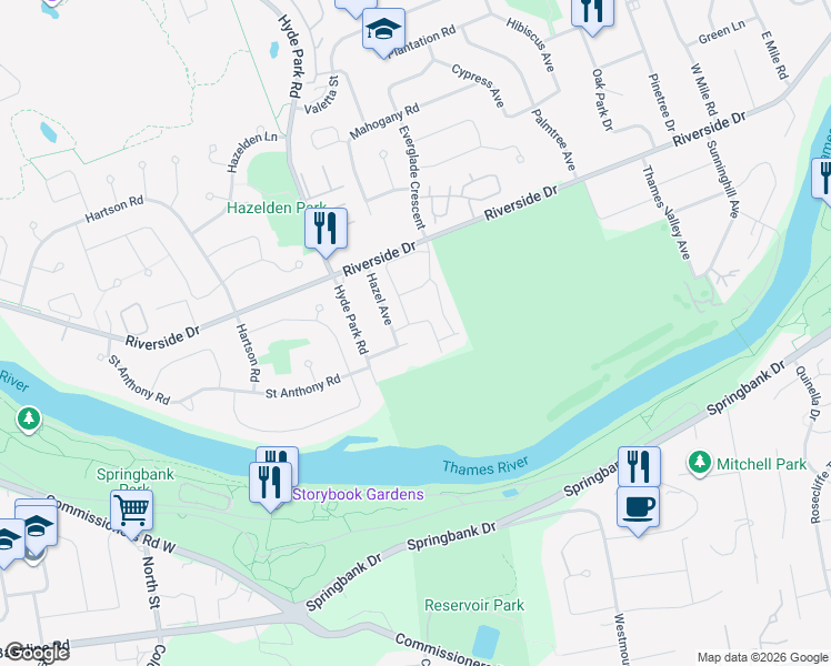 map of restaurants, bars, coffee shops, grocery stores, and more near 1040 Riverside Drive in London