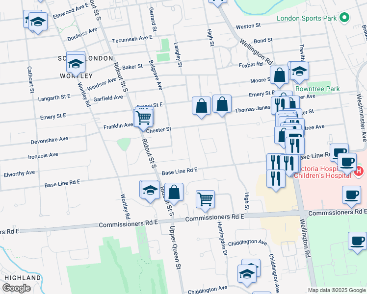 map of restaurants, bars, coffee shops, grocery stores, and more near 331 Connington Street in London
