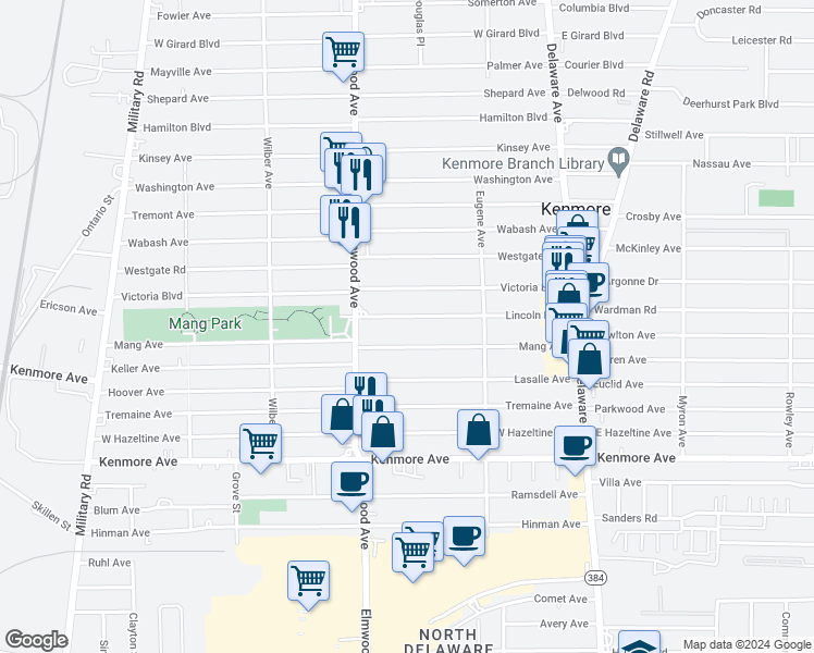 map of restaurants, bars, coffee shops, grocery stores, and more near 174 Lincoln Boulevard in Buffalo
