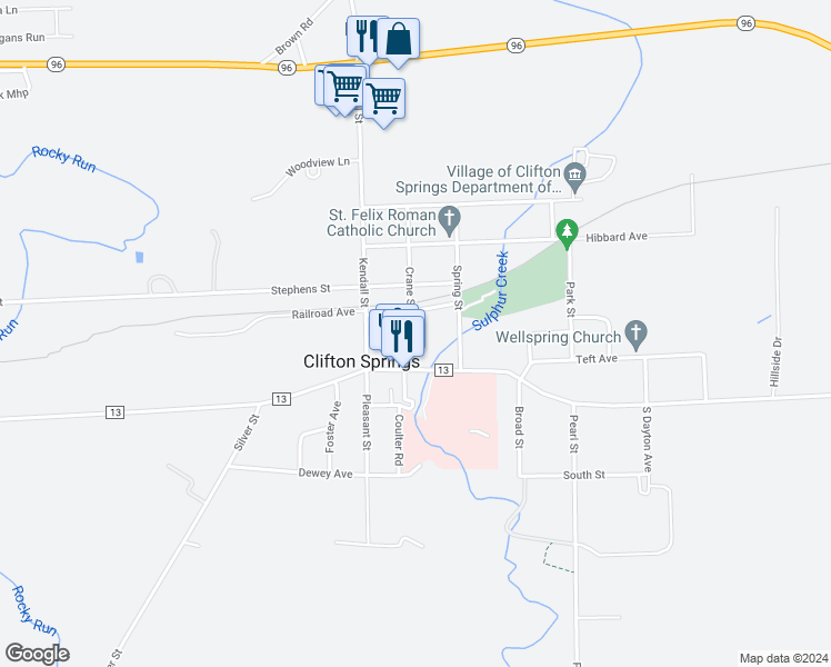 map of restaurants, bars, coffee shops, grocery stores, and more near 25 Crane Street in Clifton Springs