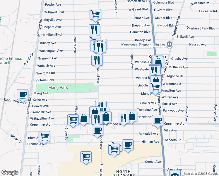 map of restaurants, bars, coffee shops, grocery stores, and more near 197 Lincoln Boulevard in Buffalo