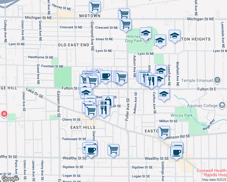 map of restaurants, bars, coffee shops, grocery stores, and more near 1131 Fulton Street East in Grand Rapids