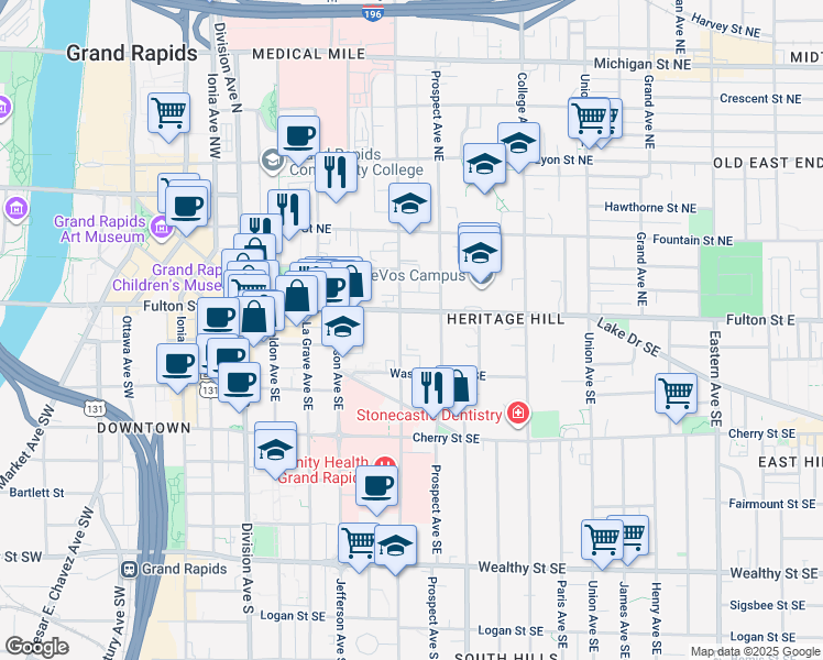map of restaurants, bars, coffee shops, grocery stores, and more near in Grand Rapids